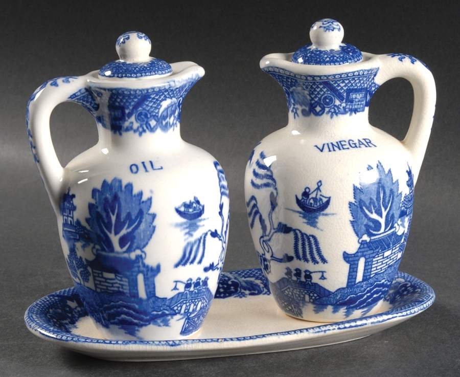 Blue Willow (No Gold, "Japan" Only) Vinegar and Oil Tray Set by Japan-1
