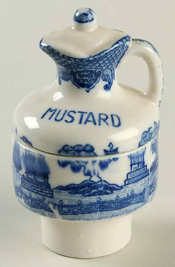 Blue Willow (No Gold, "Japan" Only) Mustard with Lid Condiment Set by Japan-1