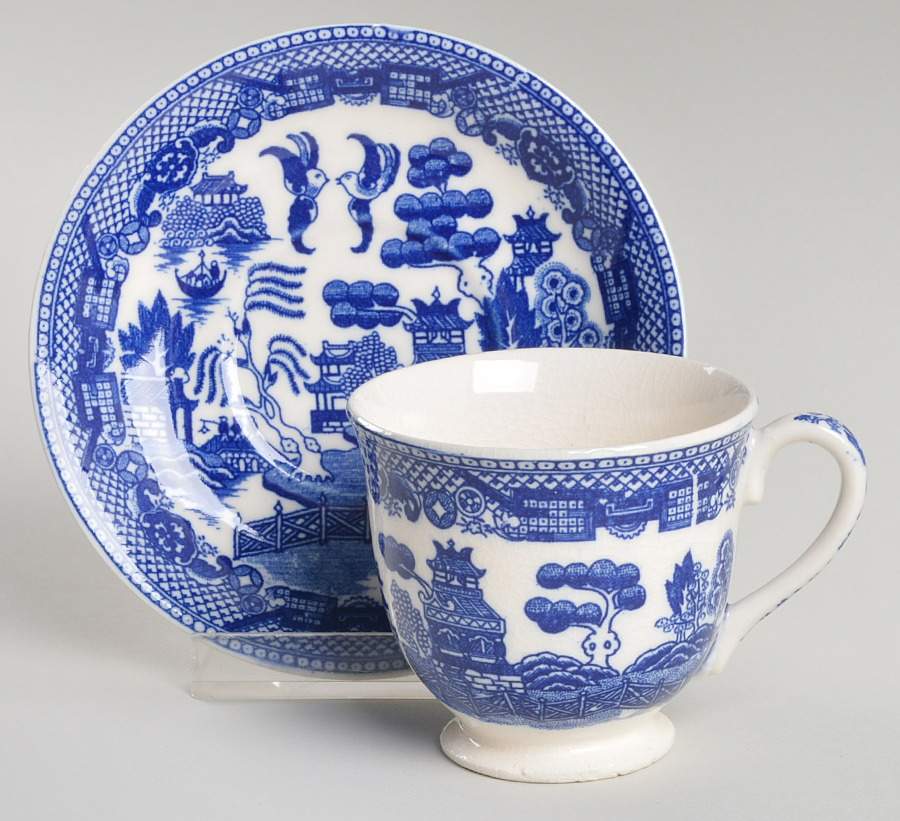 Blue Willow (No Gold, "Japan" Only) Flat Demitasse Cup & Saucer Set by Japan-1