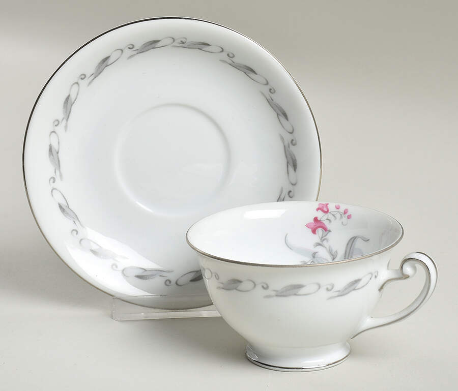 Elaine (Gray Leaf Band On Rim) Footed Cup & Saucer Set by Japan-1