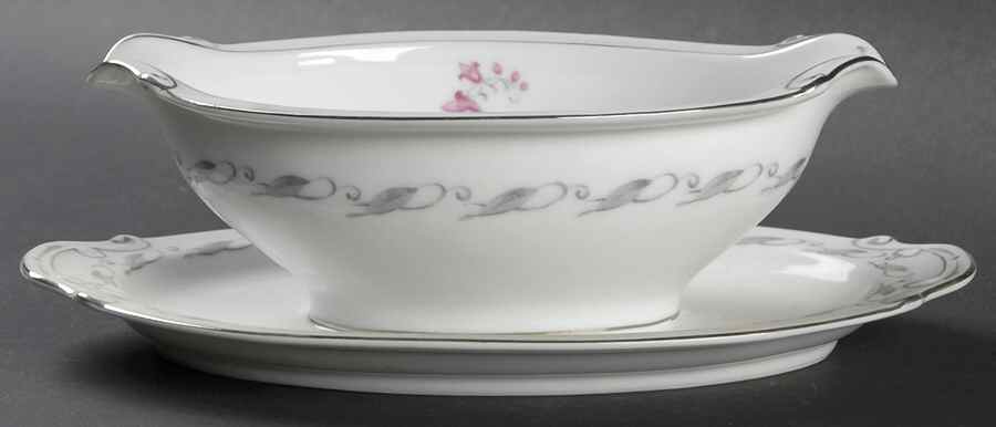 Elaine (Gray Leaf Band On Rim) Gravy Boat with Attached Underplate by Japan-1