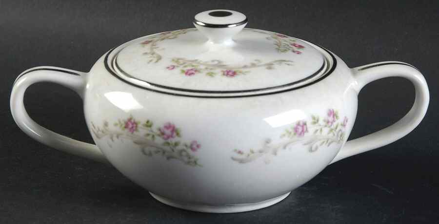 Elaine (Green Leaves, Pink Flowers) Sugar Bowl & Lid by Japan-1