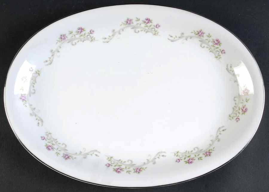 Elaine (Green Leaves, Pink Flowers) 14" Oval Serving Platter by Japan-1