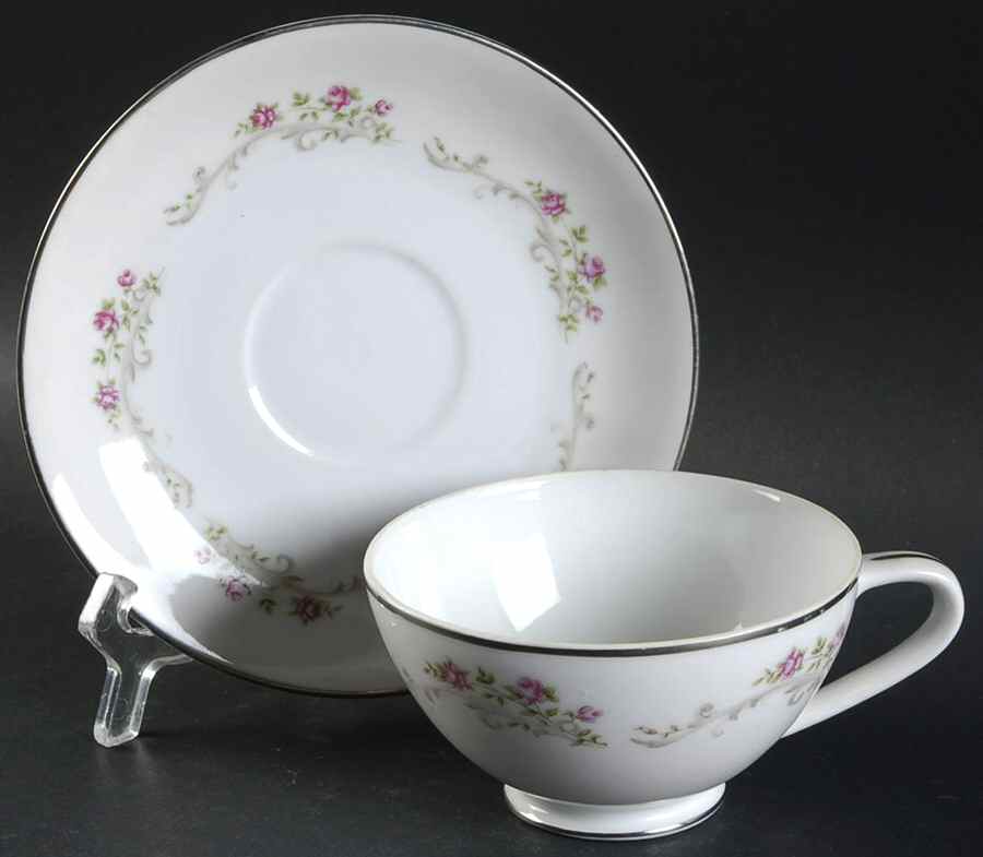 Elaine (Green Leaves, Pink Flowers) Footed Cup & Saucer Set by Japan-1