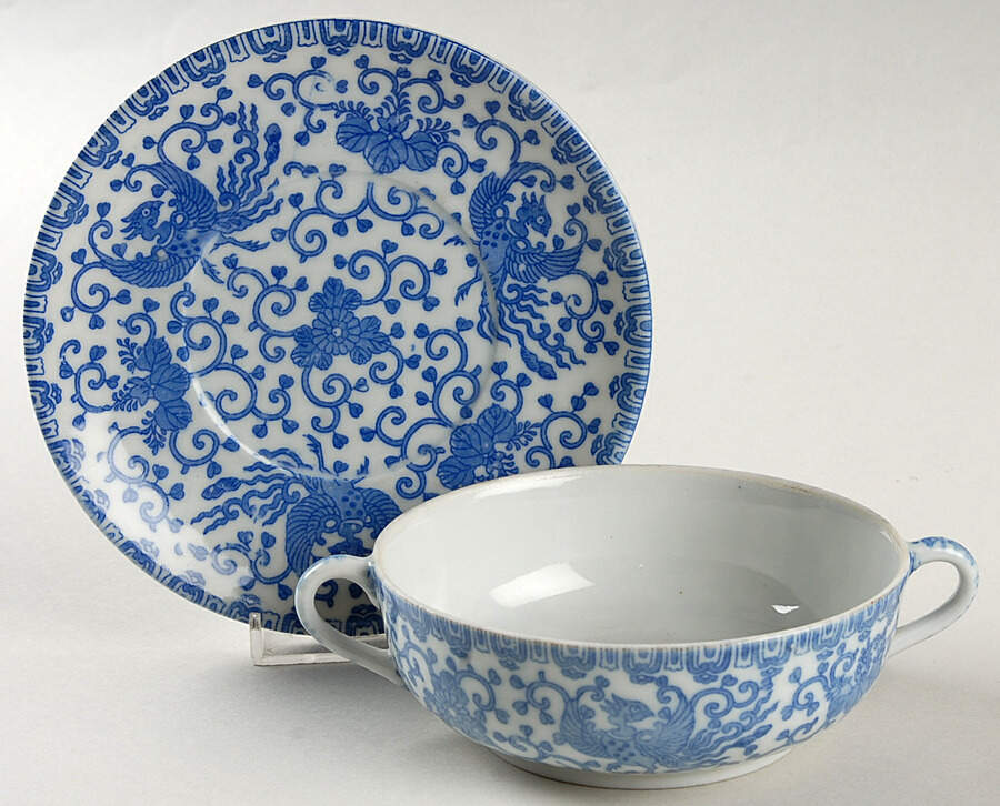 Phoenix Bird Flat Cream Soup Bowl & Saucer Set by Japan-1