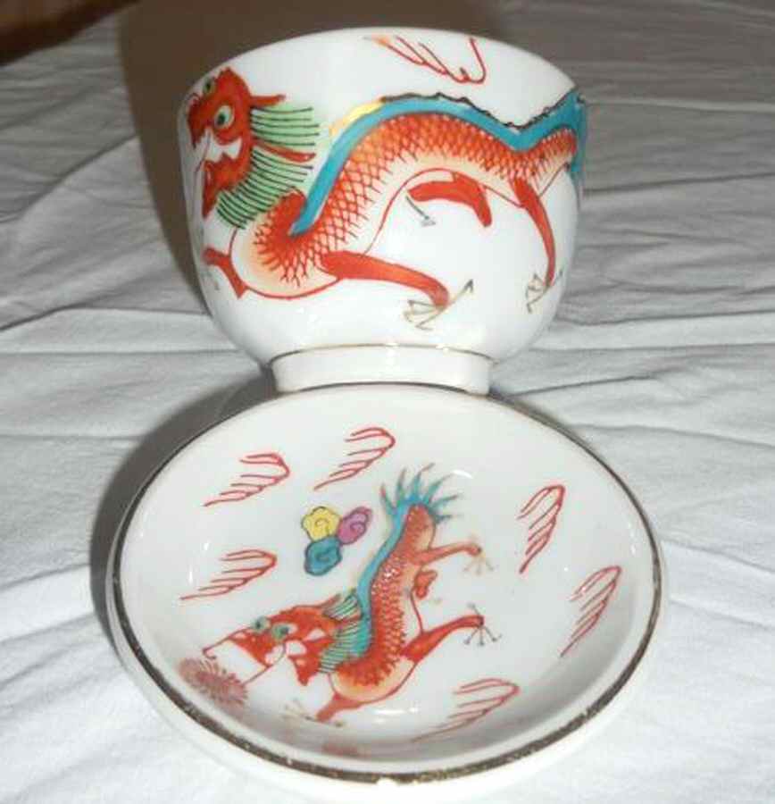 Red Dragon Footed Cup & Saucer Set by Japan-1
