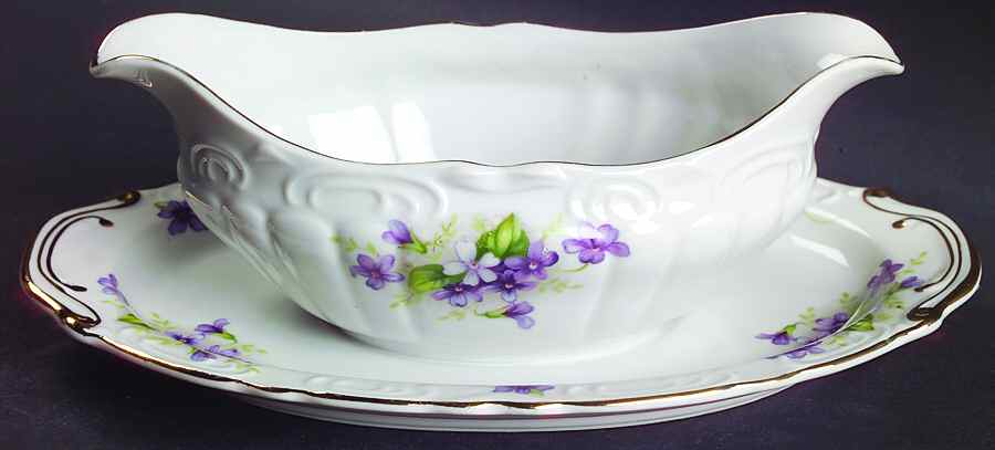 Violets Gravy Boat with Attached Underplate by Japan-1