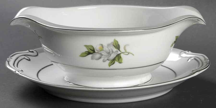 White Rose (Platinum) Gravy Boat with Attached Underplate by Japan-1