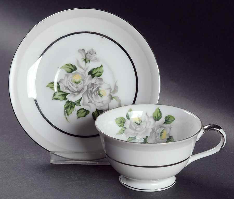 White Rose (Platinum) Footed Cup & Saucer Set by Japan-1