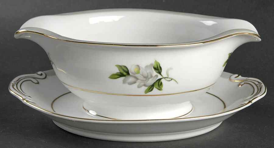 White Rose (Gold) Gravy Boat with Attached Underplate by Japan-1