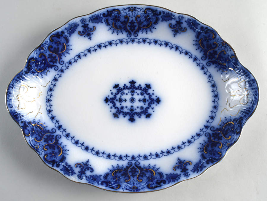 Albany Flow Blue (Gold Trim  and Accent) 14" Oval Serving Platter by Johnson Brothers-1