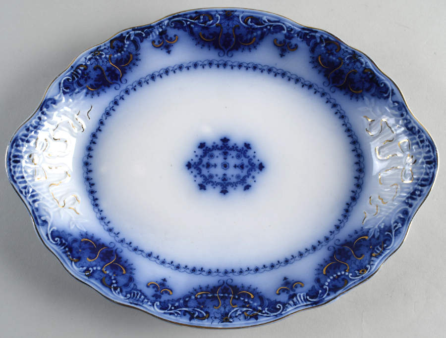 Albany Flow Blue (Gold Trim  and Accent) 12" Oval Serving Platter by Johnson Brothers-1
