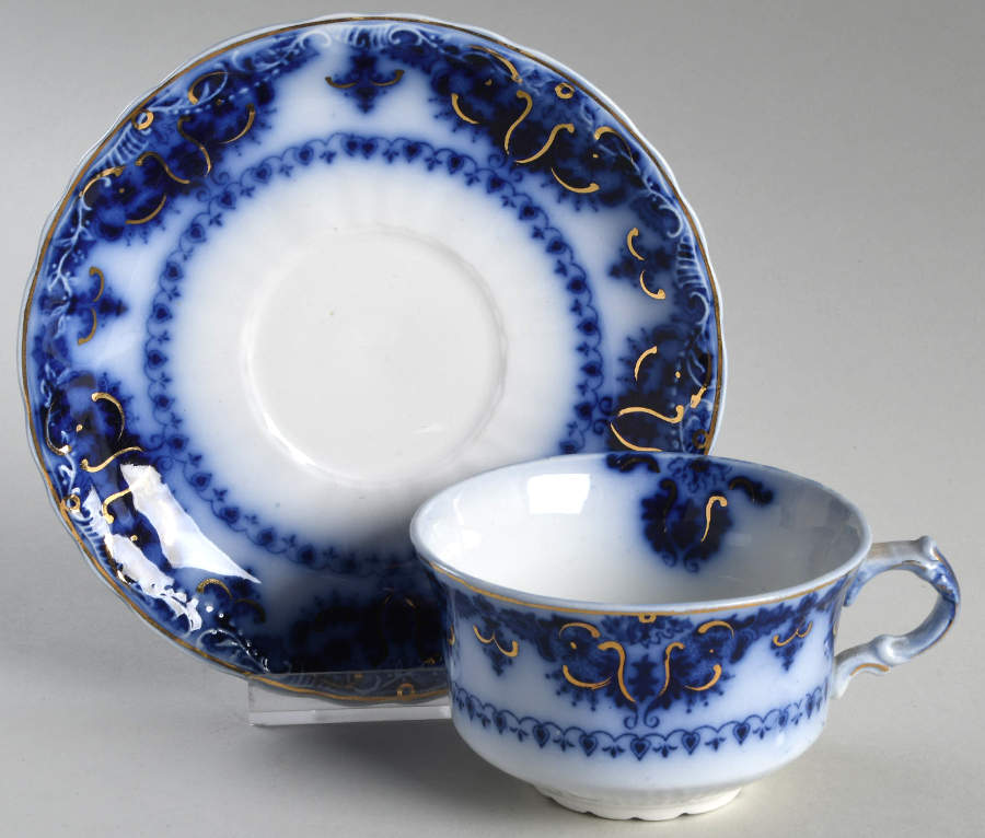 Albany Flow Blue (Gold Trim  and Accent) Footed Cup & Saucer Set by Johnson Brothers-1
