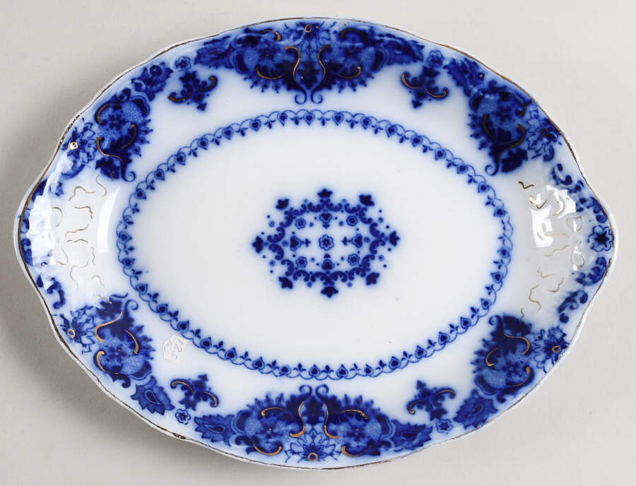 Albany Flow Blue (Gold Trim  and Accent) 9" Oval Serving Platter by Johnson Brothers-1