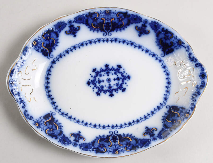 Albany Flow Blue (Gold Trim  and Accent) 10" Oval Serving Platter by Johnson Brothers-1