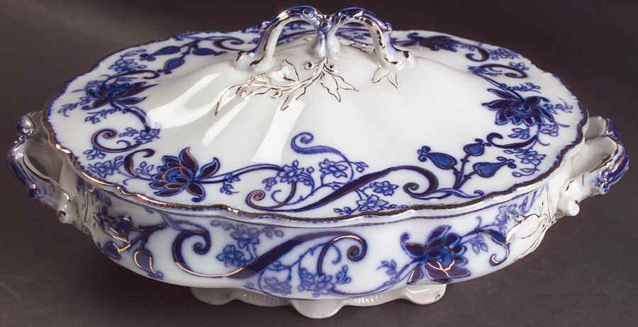 Andorra Flow Blue (Gold Accents) Oval Covered Vegetable by Johnson Brothers-1