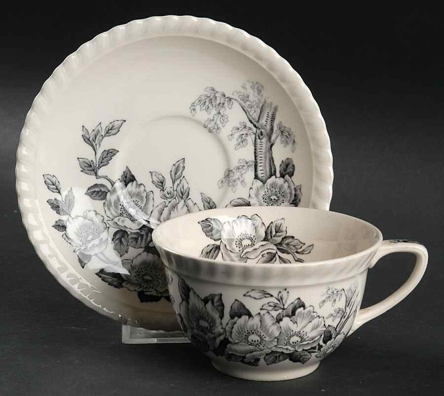 Appleblossom Gray Black Flat Cup & Saucer Set by Johnson Brothers-1
