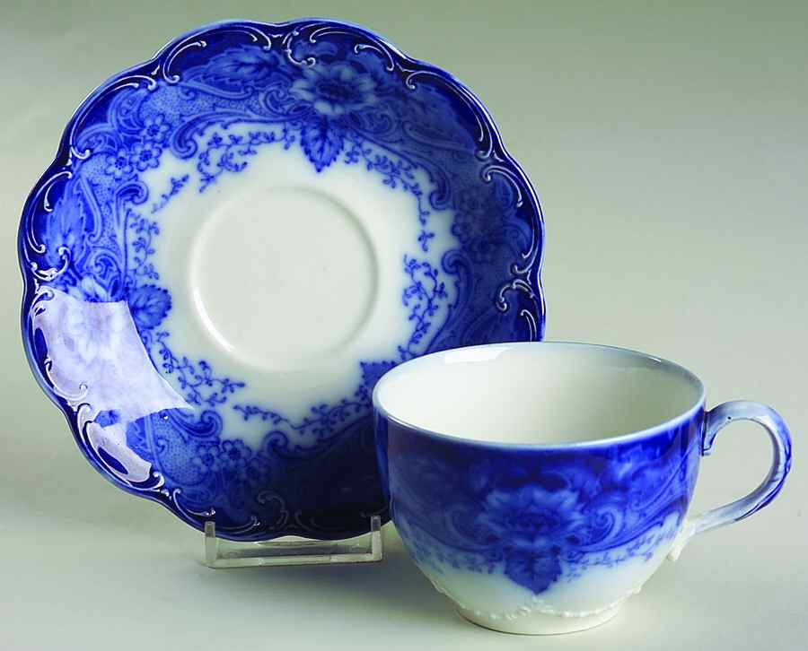 Argyle Blue (Flow Blue) Flat Cup & Saucer Set by Johnson Brothers-1