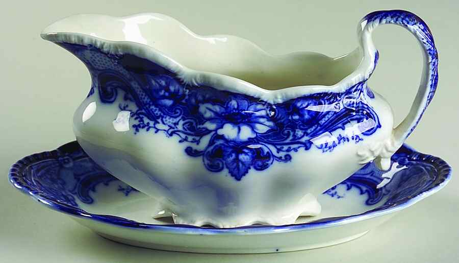 Argyle Blue (Flow Blue) Gravy Boat & Underplate/Relish by Johnson Brothers-1