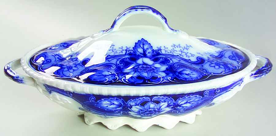 Argyle Blue (Flow Blue) Oval Covered Vegetable by Johnson Brothers-1