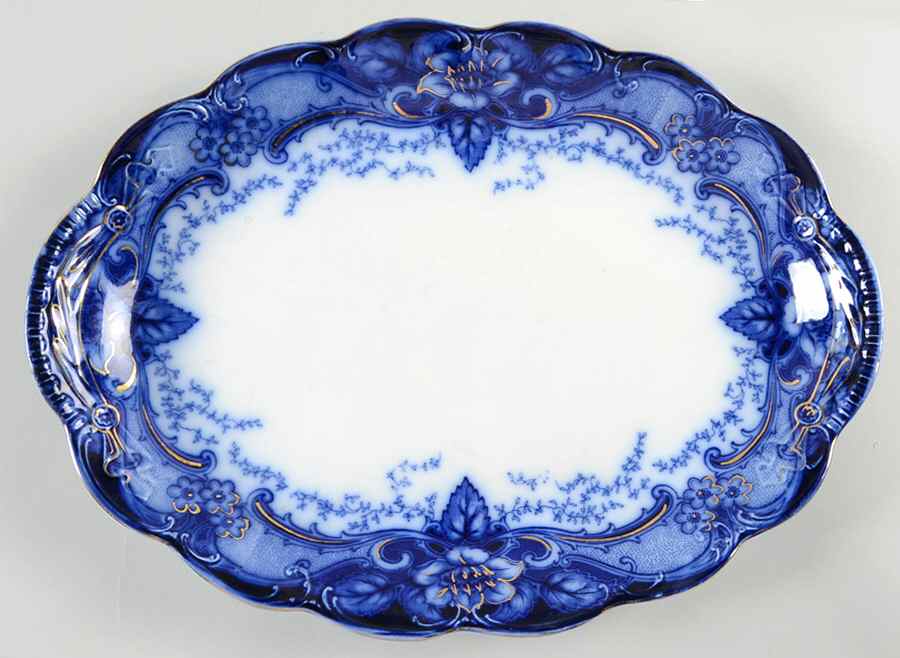 Argyle Blue (Flow Blue) 14" Oval Serving Platter by Johnson Brothers-1