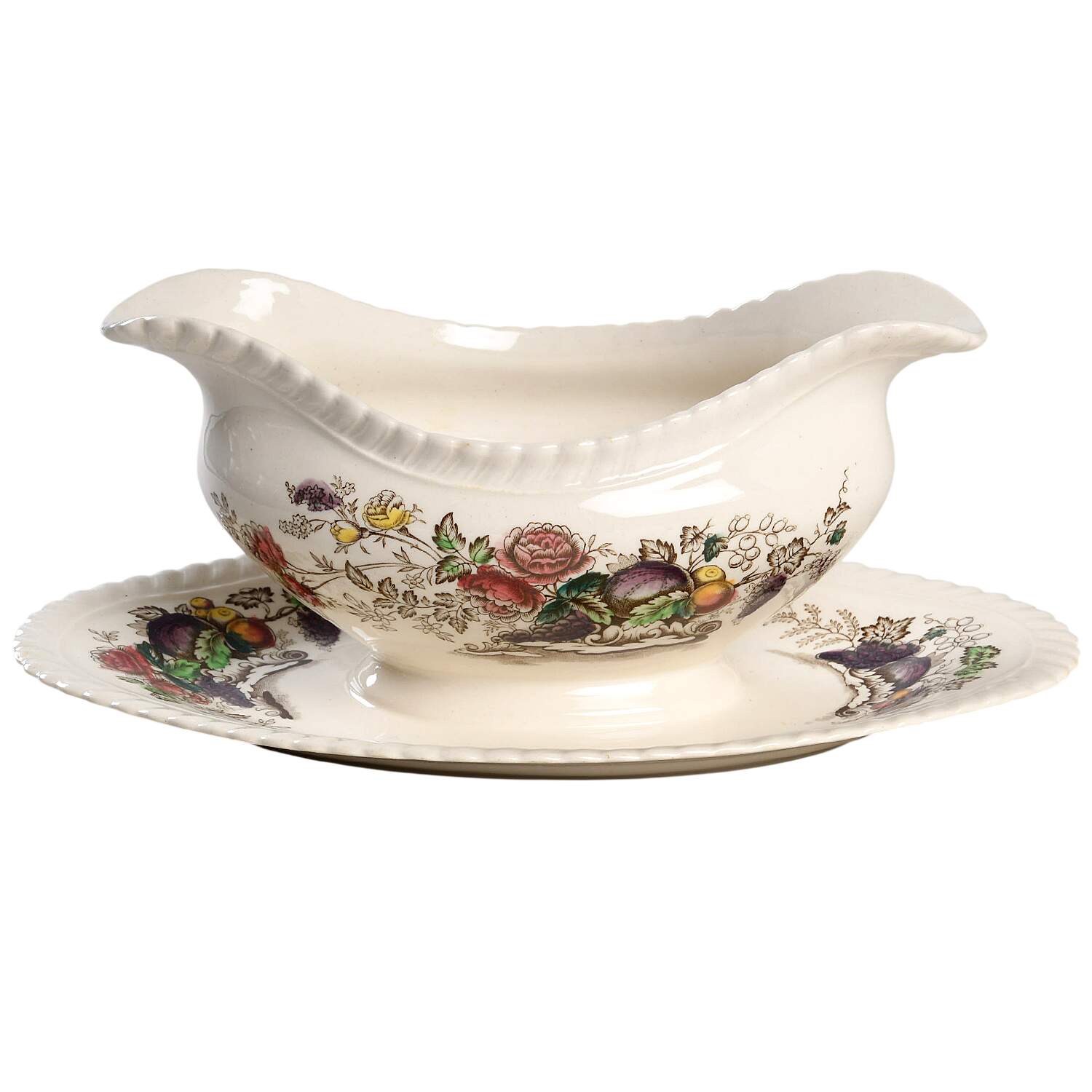 Bird of Paradise Brown Multicolor Gravy Boat with Attached Underplate by Johnson Brothers-1