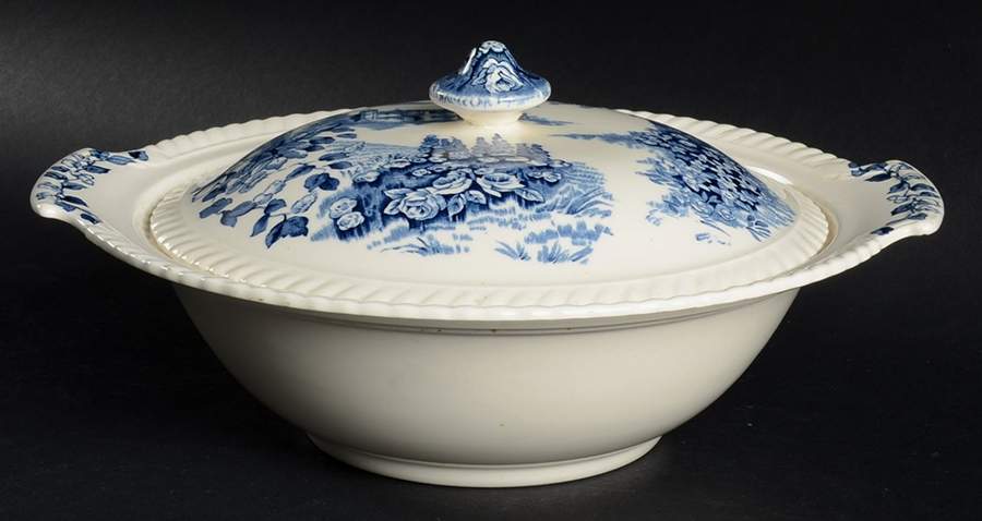 Castle On The Lake Blue Round Covered Vegetable by Johnson Brothers-1