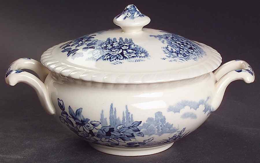 Castle On The Lake Blue Sugar Bowl & Lid by Johnson Brothers-1