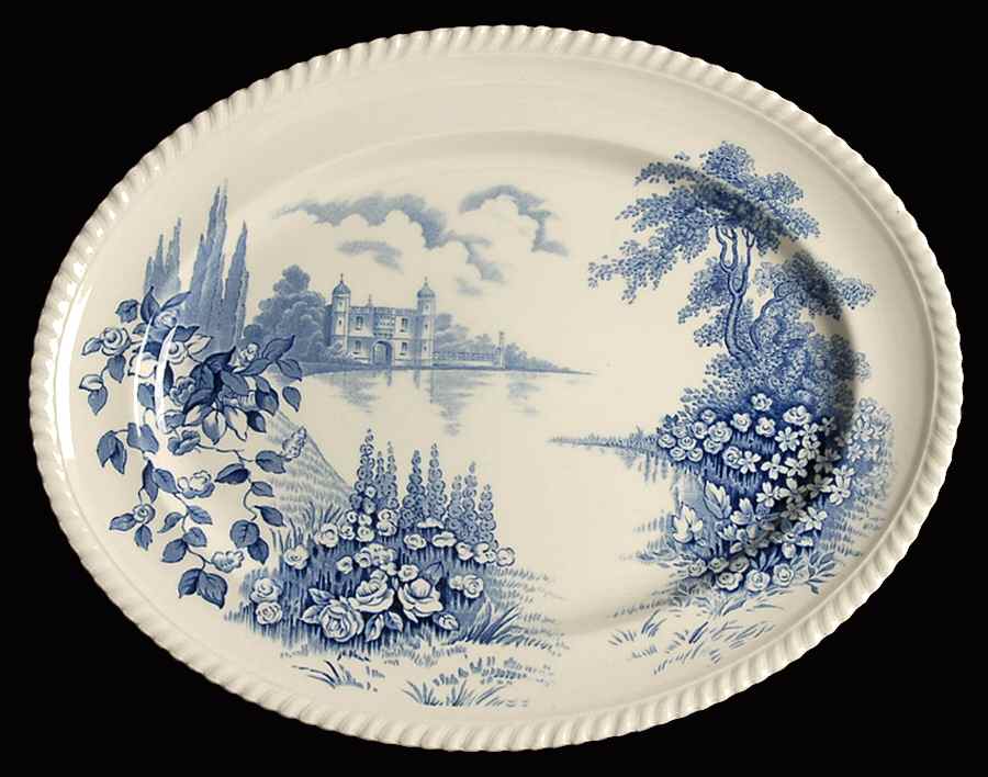 Castle On The Lake Blue 13" Oval Serving Platter by Johnson Brothers-1