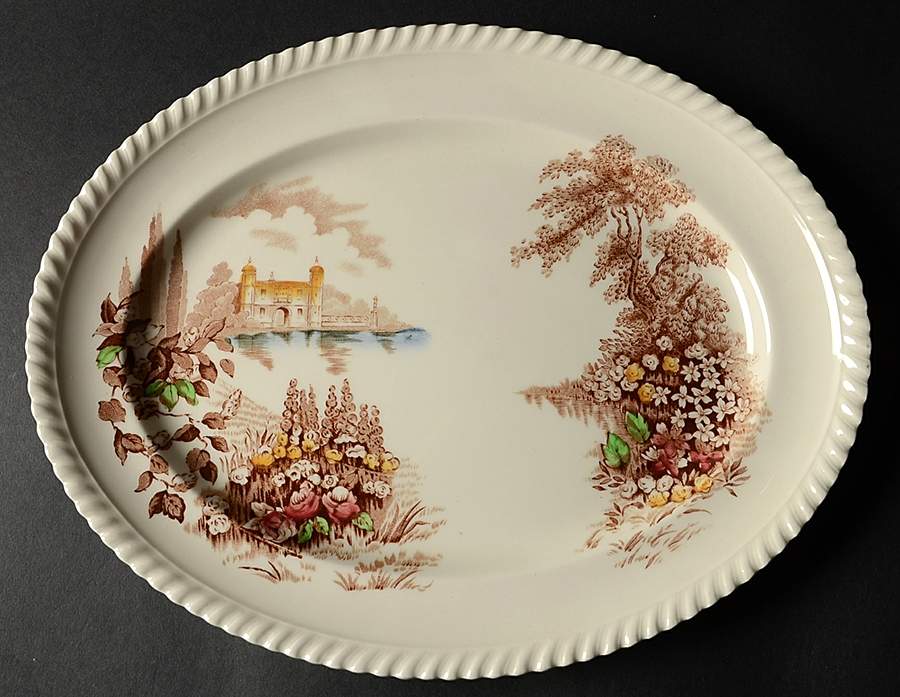 Castle On The Lake Brown Multicolor 12" Oval Serving Platter by Johnson Brothers-1