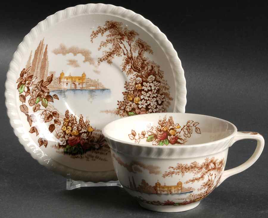 Castle On The Lake Brown Multicolor Flat Cup & Saucer Set by Johnson Brothers-1