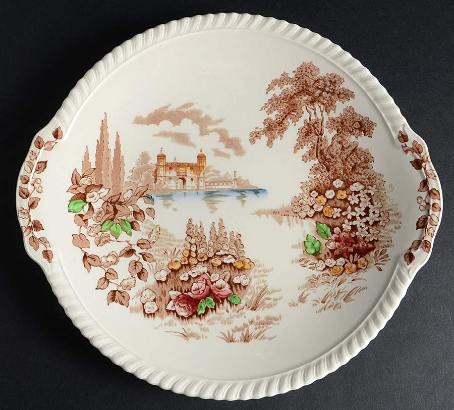 Castle On The Lake Brown Multicolor Handled Cake Plate by Johnson Brothers-1