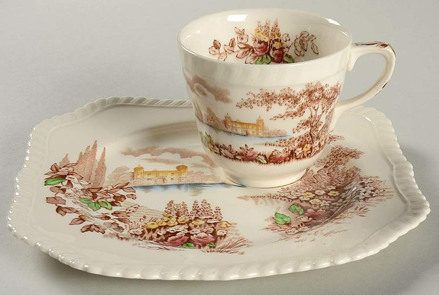 Castle On The Lake Brown Multicolor Snack Plate & Cup Set by Johnson Brothers-1