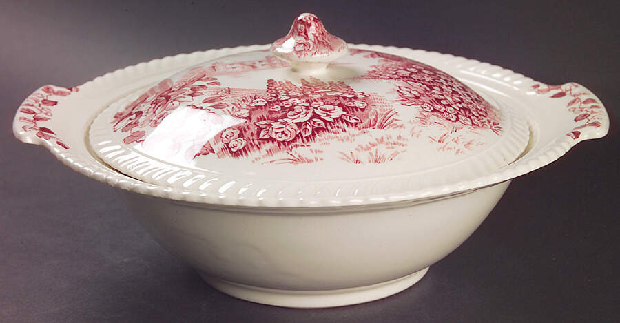 Castle On The Lake Pink Red Round Covered Vegetable by Johnson Brothers-1