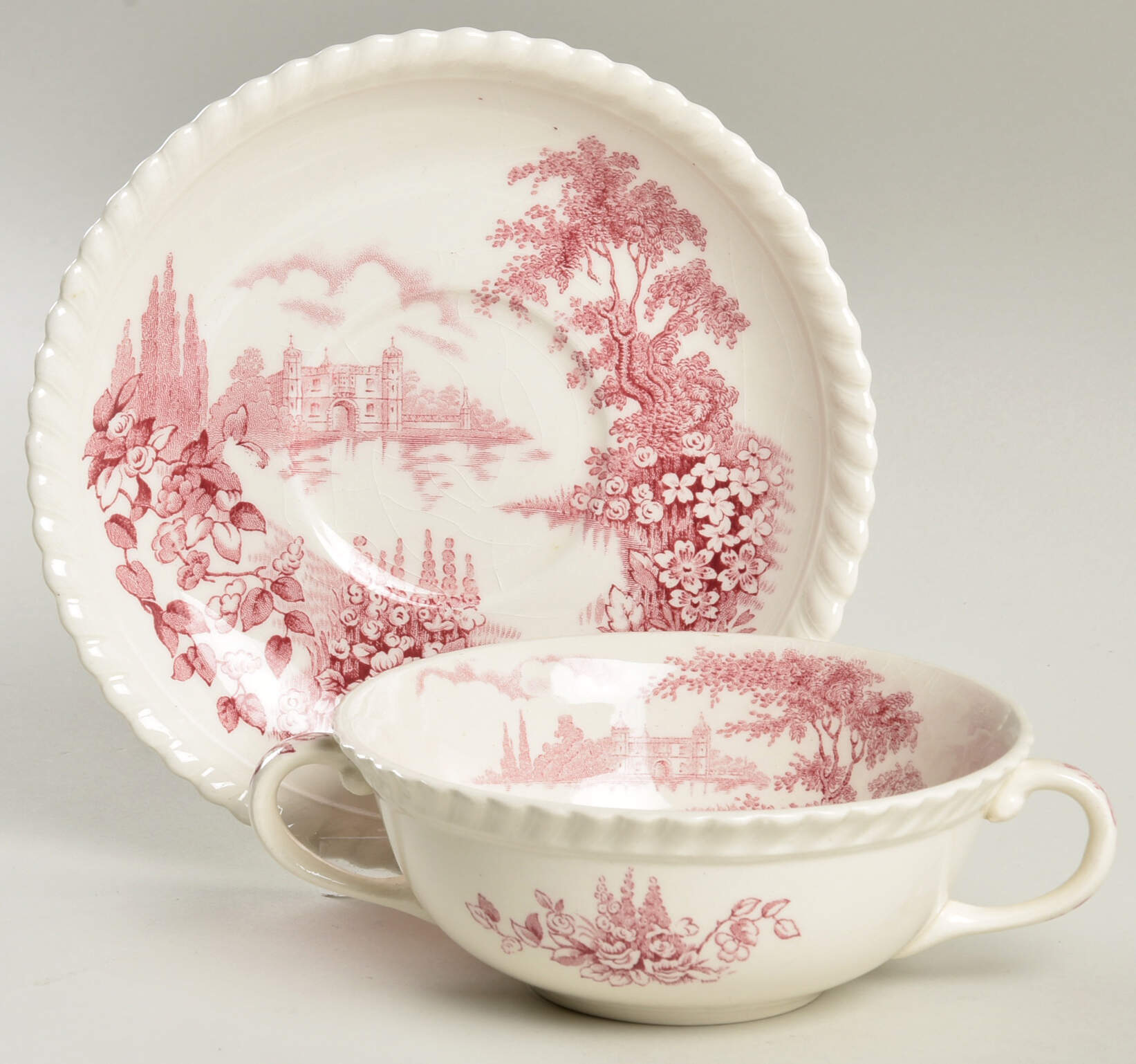 Castle On The Lake Pink Red Flat Cream Soup Bowl & Saucer Set by Johnson Brothers-1