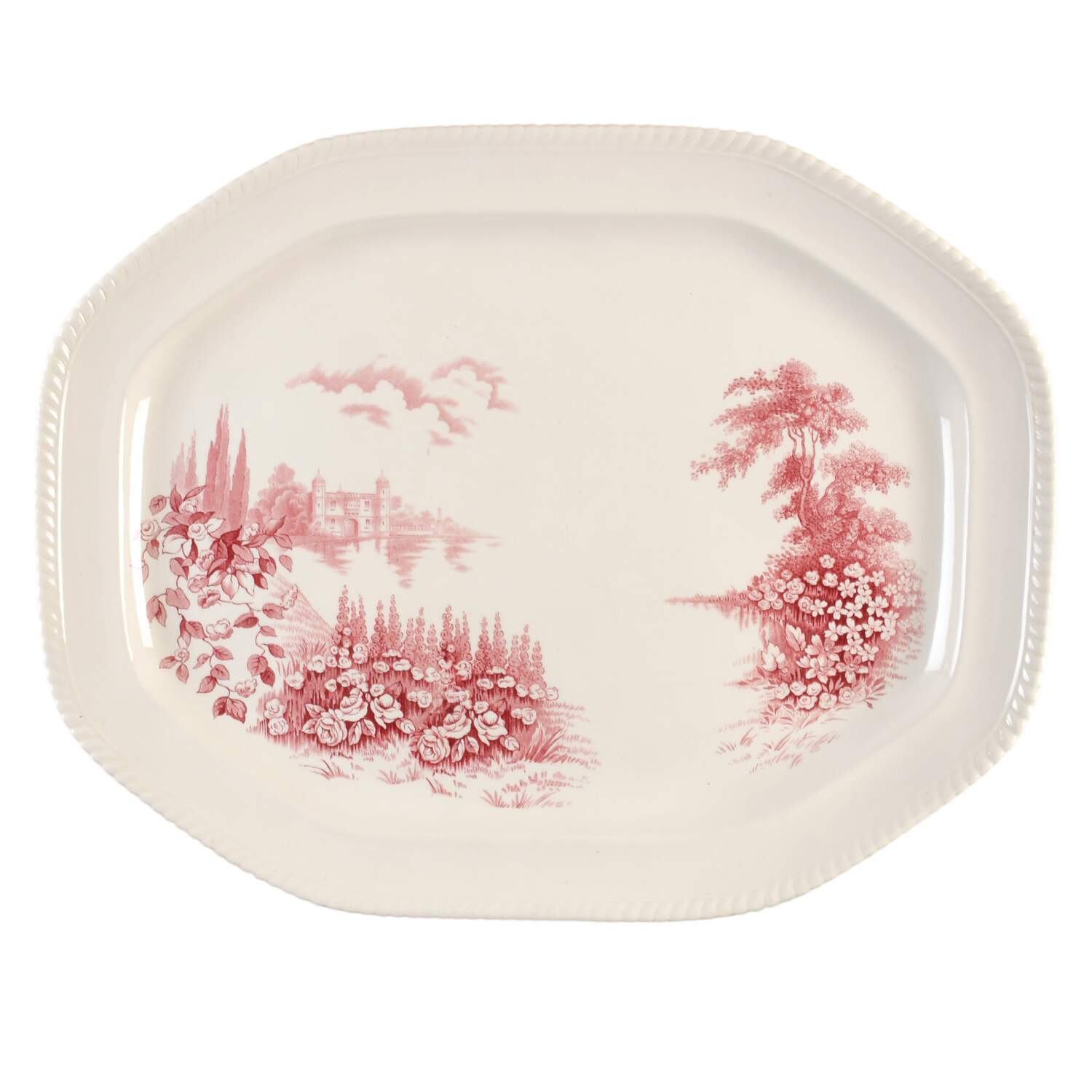 Castle On The Lake Pink Red 20" Oval Serving Platter by Johnson Brothers-1