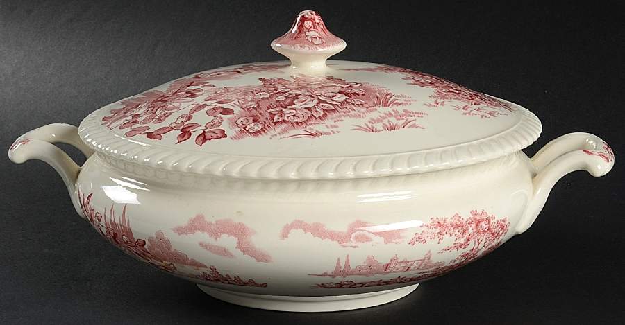 Castle On The Lake Pink Red Round Covered Vegetable by Johnson Brothers-1