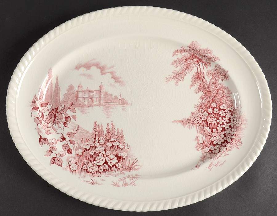 Castle On The Lake Pink Red 12" Oval Serving Platter by Johnson Brothers-1