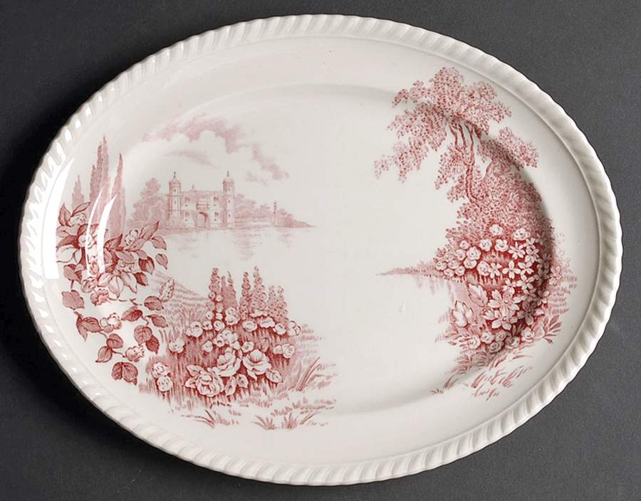 Castle On The Lake Pink Red 11" Oval Serving Platter by Johnson Brothers-1