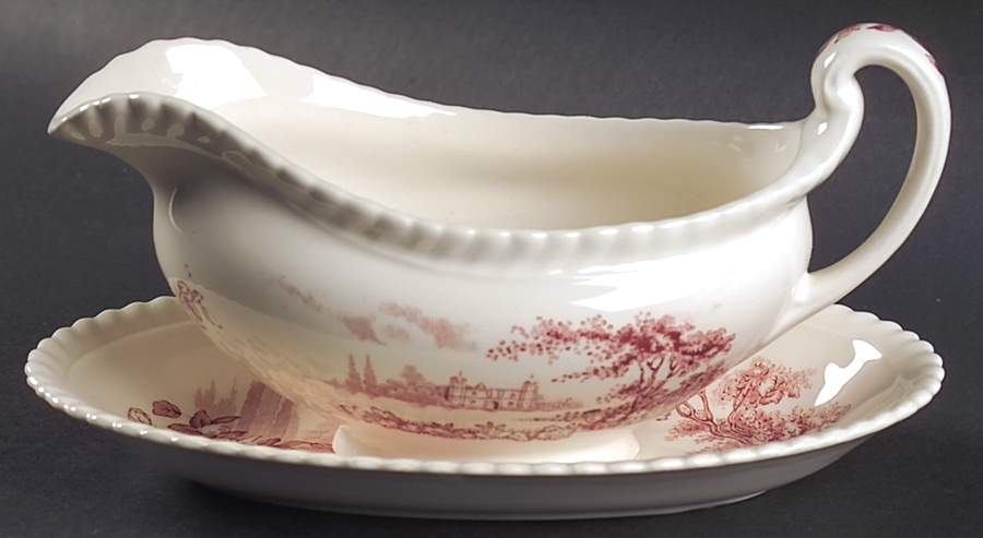 Castle On The Lake Pink Red Gravy Boat & Underplate/Relish by Johnson Brothers-1