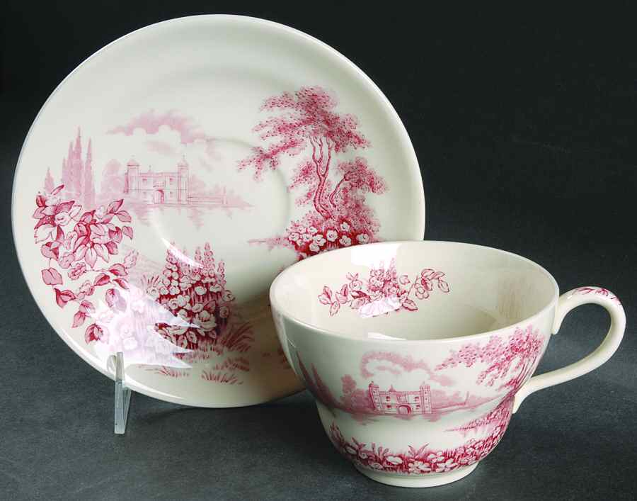 Castle On The Lake Pink Red Oversized Cup & Saucer Set by Johnson Brothers-1