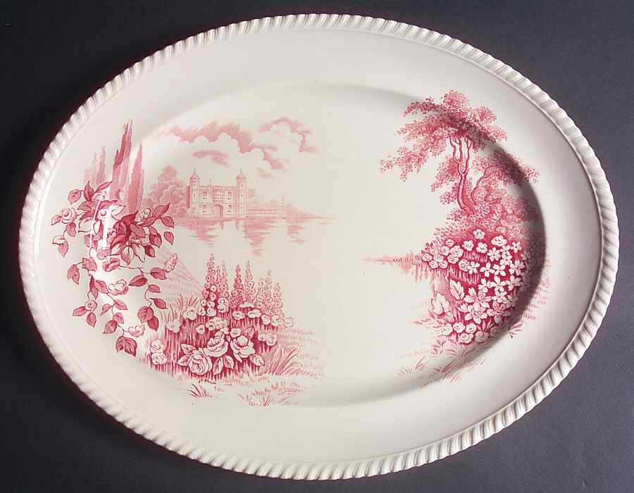 Castle On The Lake Pink Red 16" Oval Serving Platter by Johnson Brothers-1