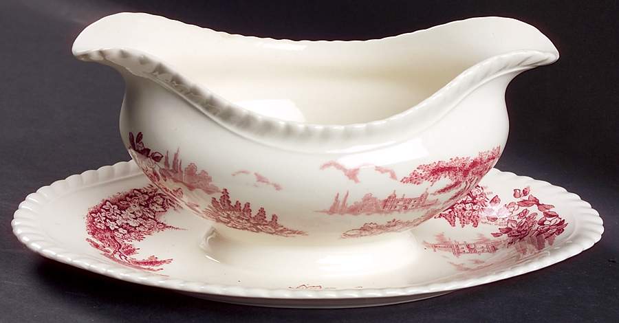 Castle On The Lake Pink Red Gravy Boat with Attached Underplate by Johnson Brothers-1