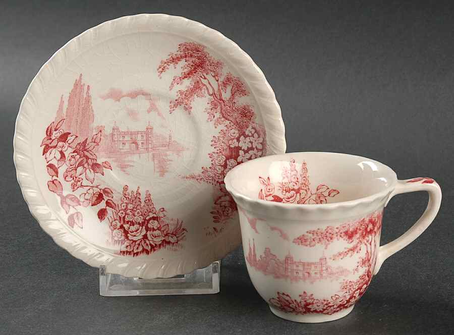 Castle On The Lake Pink Red Flat Demitasse Cup & Saucer Set by Johnson Brothers-1
