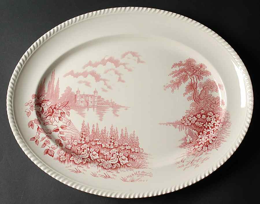 Castle On The Lake Pink Red 17" Oval Serving Platter by Johnson Brothers-1