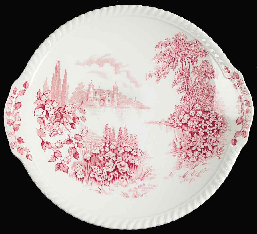Castle On The Lake Pink Red Handled Cake Plate by Johnson Brothers-1