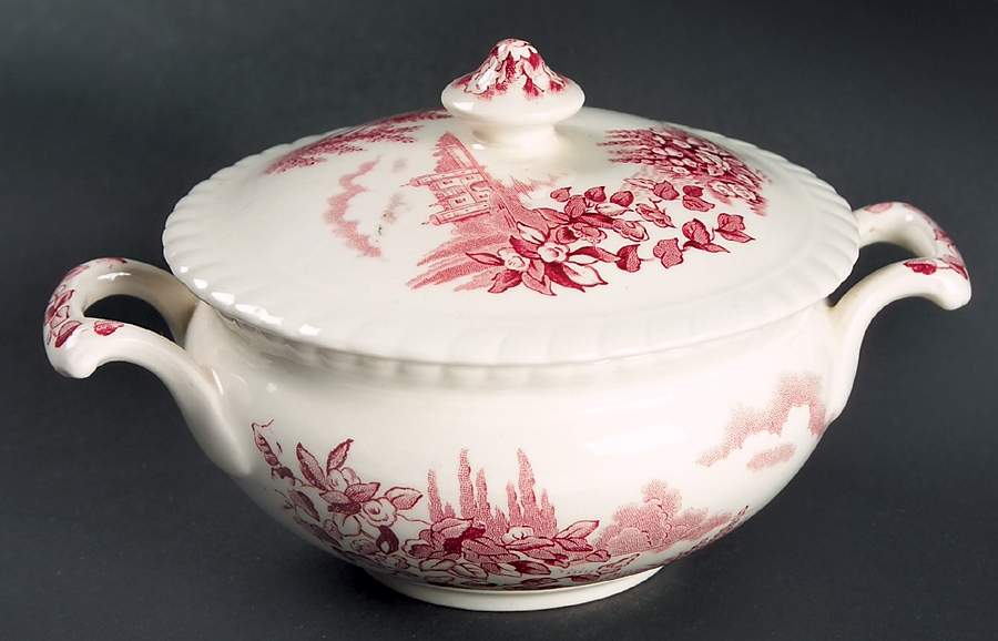 Castle On The Lake Pink Red Sugar Bowl & Lid by Johnson Brothers-1
