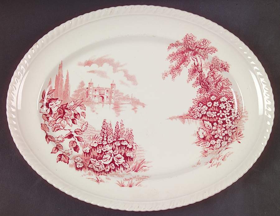 Castle On The Lake Pink Red 12" Oval Serving Platter by Johnson Brothers-1