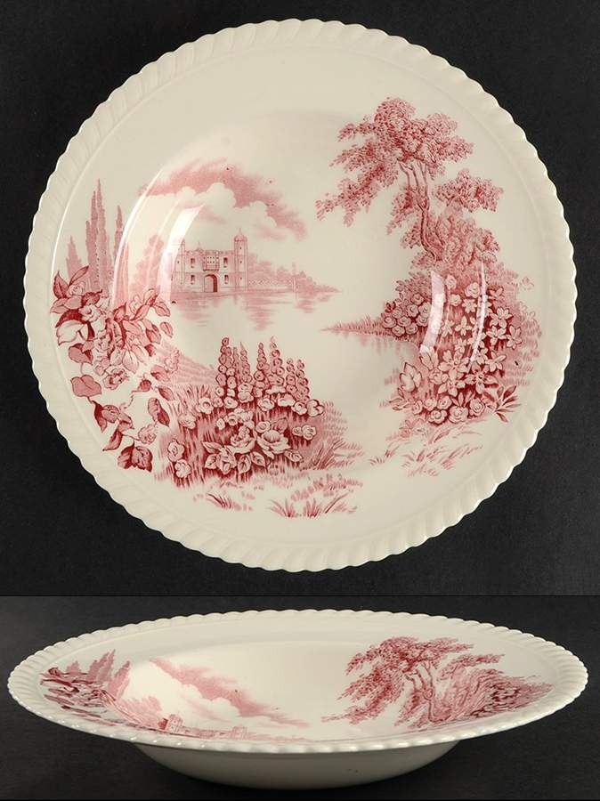 Castle On The Lake Pink Red Rim Soup Bowl by Johnson Brothers-1