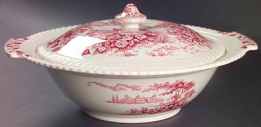 Castle On The Lake Pink Red Round Covered Vegetable by Johnson Brothers-1